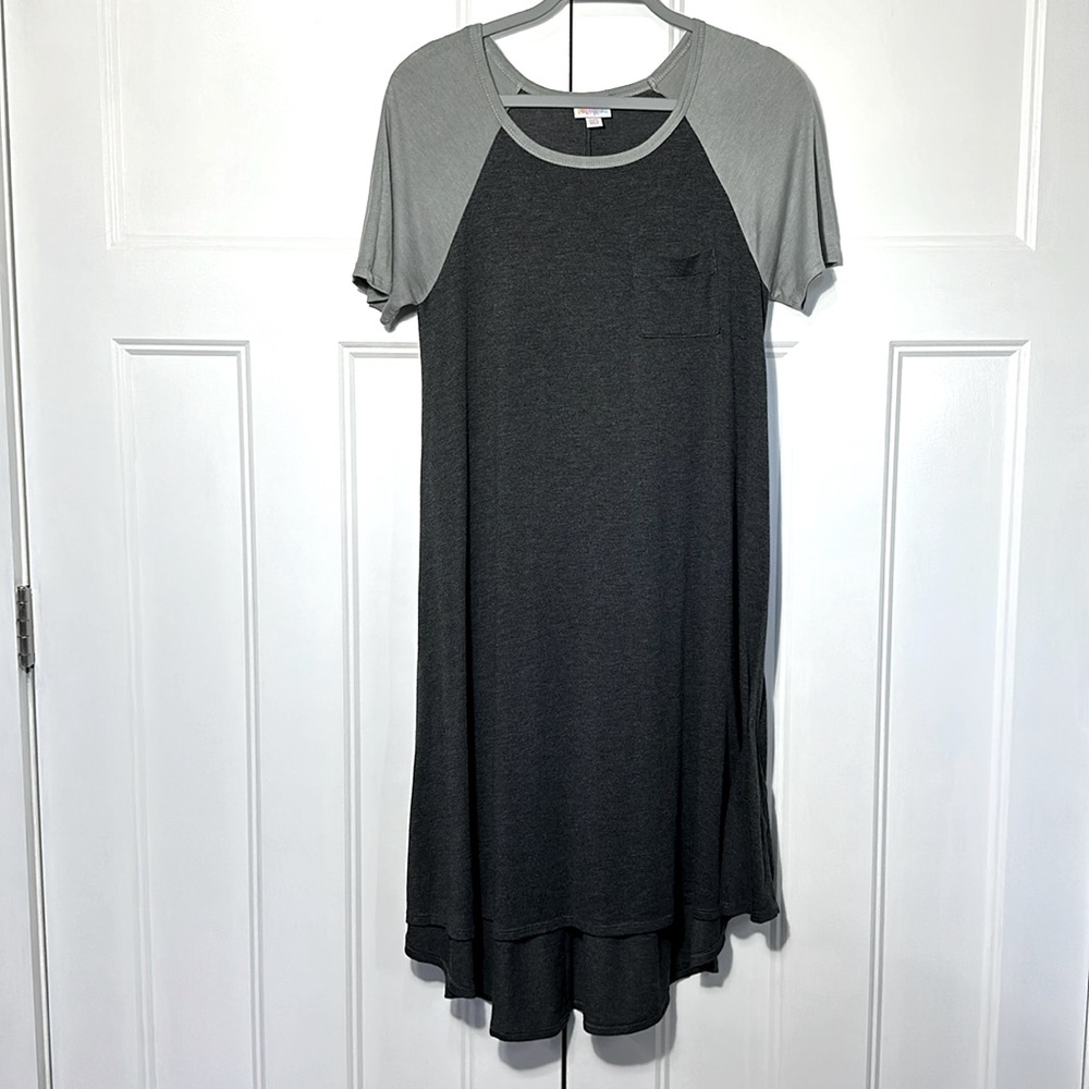 Lularoe 
* Carly short sleeve swing dress
* High-low hemline, patch pocket